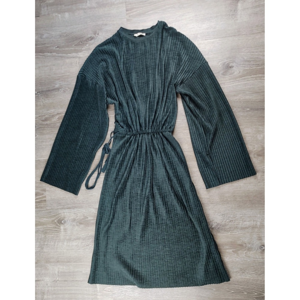 Zara Trafaluc M Ribbed Green Womens Drawstring Waist Long Wide Sleeve Midi Dress